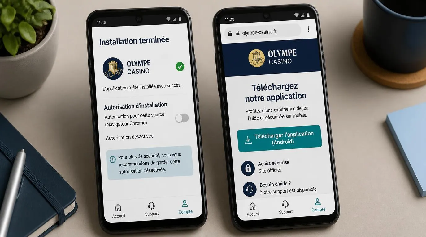 Smartphone Android affichant les permissions d’installation, avec un lien de téléchargement officiel sur navigateur