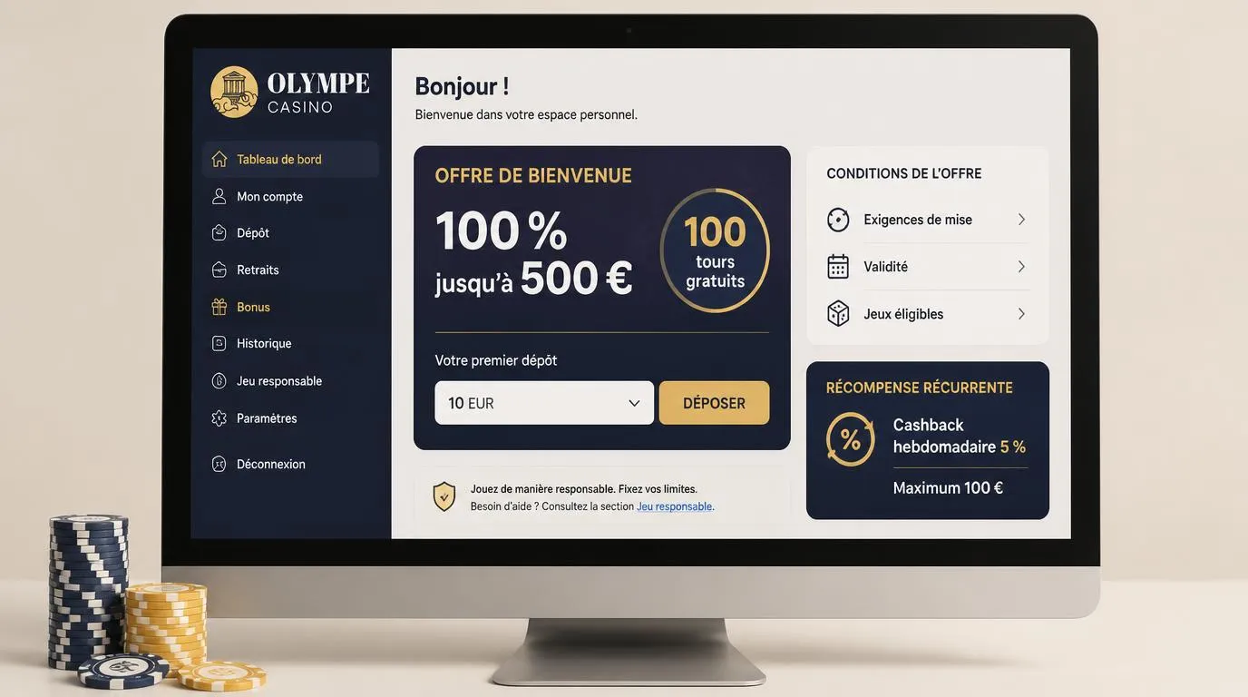 Interface de bonus avec dépôt de 10 EUR, offre de 100 % jusqu’à 500 € et 100 tours gratuits