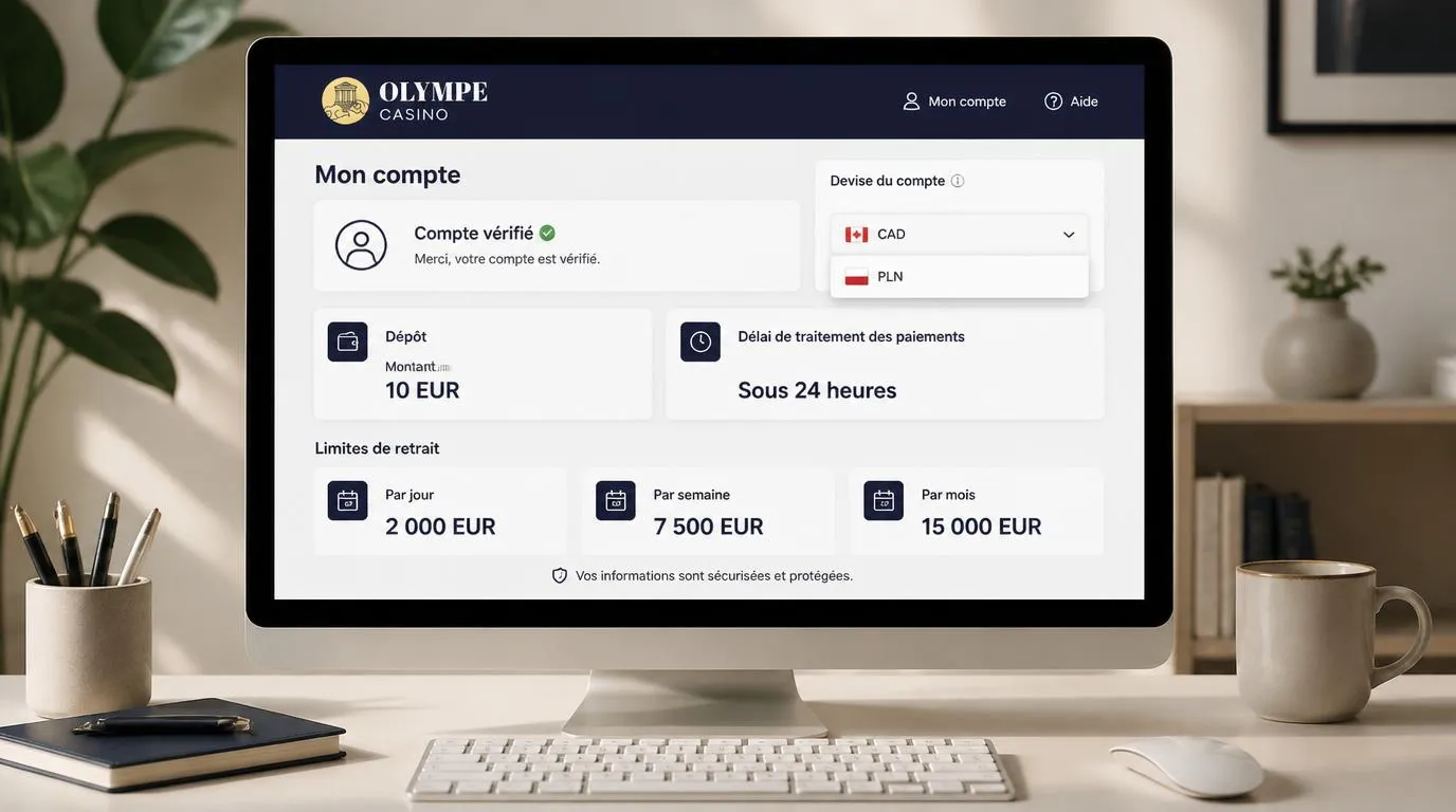 Tableau de bord d’un compte vérifié avec dépôt de 10 EUR, paiement sous 24 heures et devises CAD et PLN