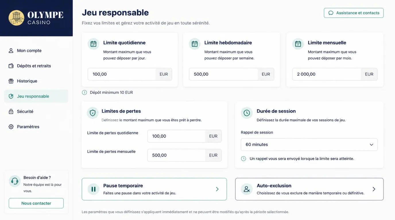 Interface de compte avec plafonds de dépôt quotidiens, hebdomadaires et mensuels et bouton de pause
