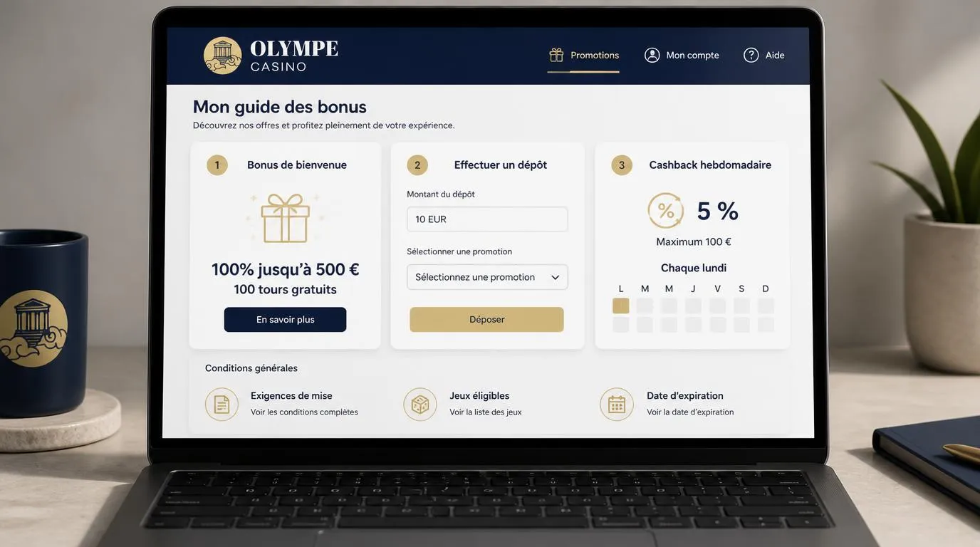 Interface de bonus avec offre de bienvenue, dépôt minimum de 10 EUR et cashback hebdomadaire