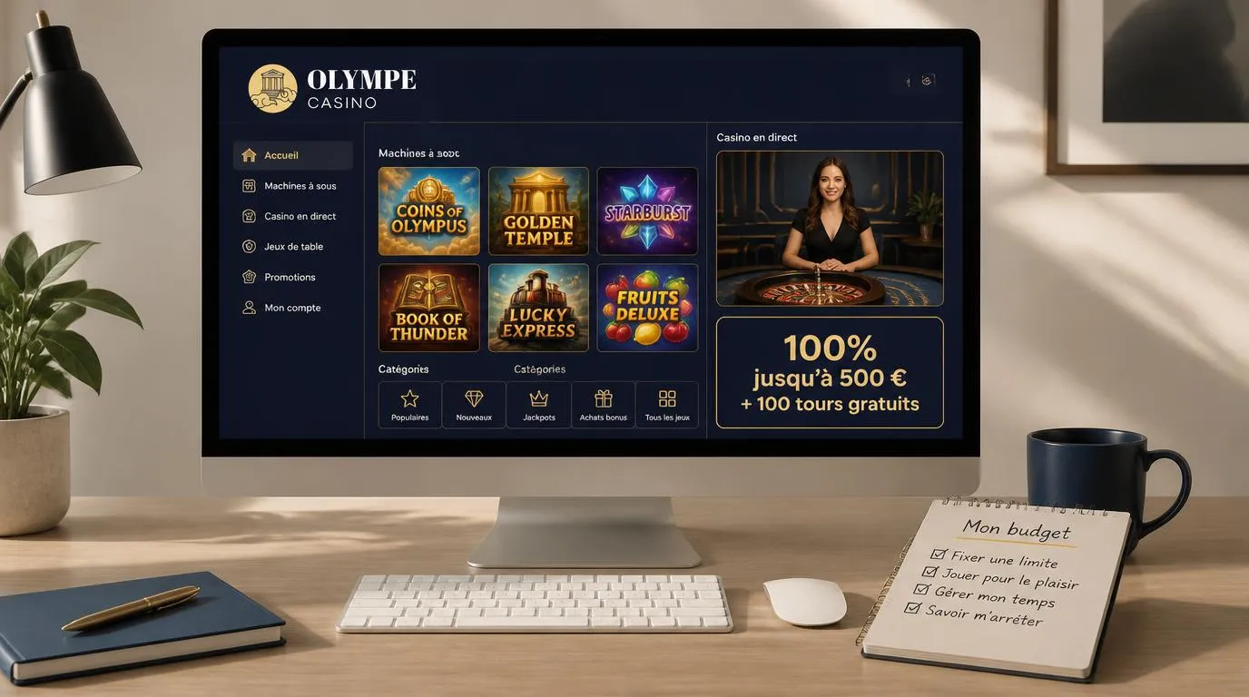 Écran de casino présentant des machines à sous, une table avec croupier et une offre de bienvenue en euros