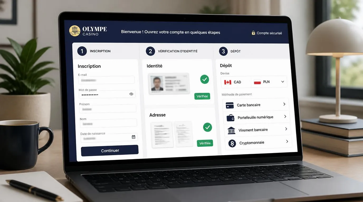 Interface d’inscription avec vérification d’identité, justificatif de domicile et sélection de la devise du dépôt