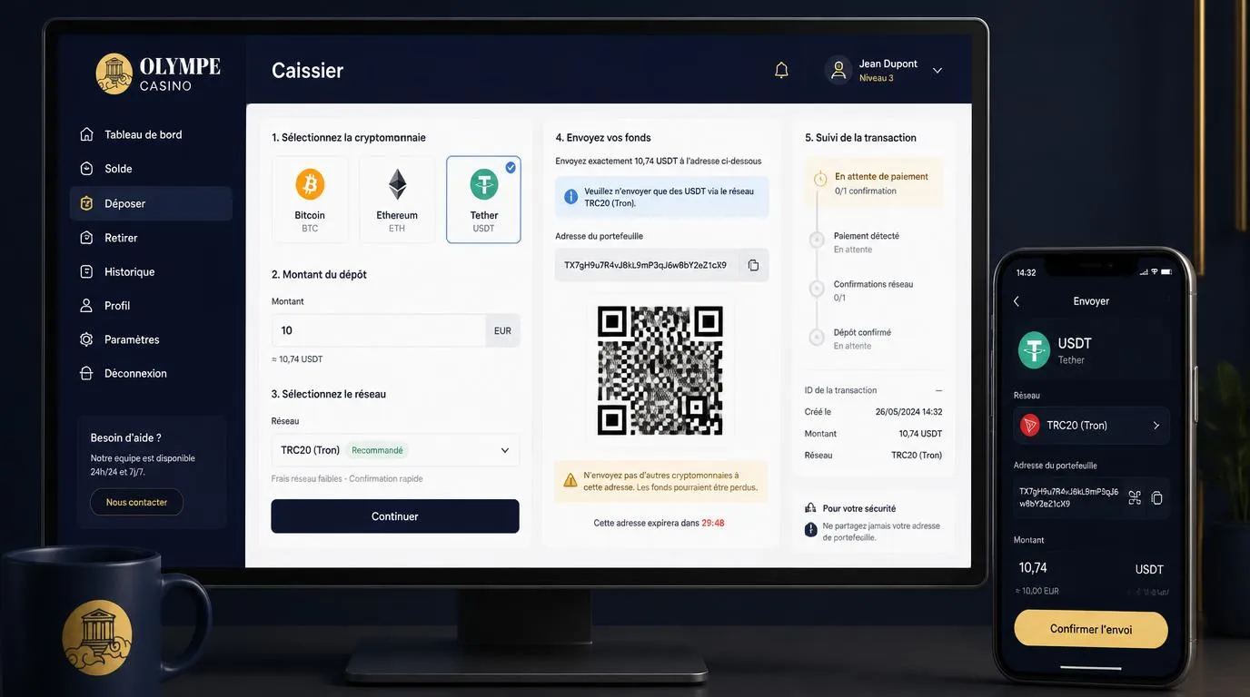 Interface de dépôt crypto avec sélection de devise, réseau et adresse de portefeuille à vérifier