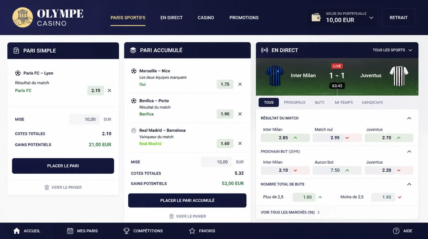 Interface de paris sportifs avec un ticket simple, un combiné et des cotes en direct