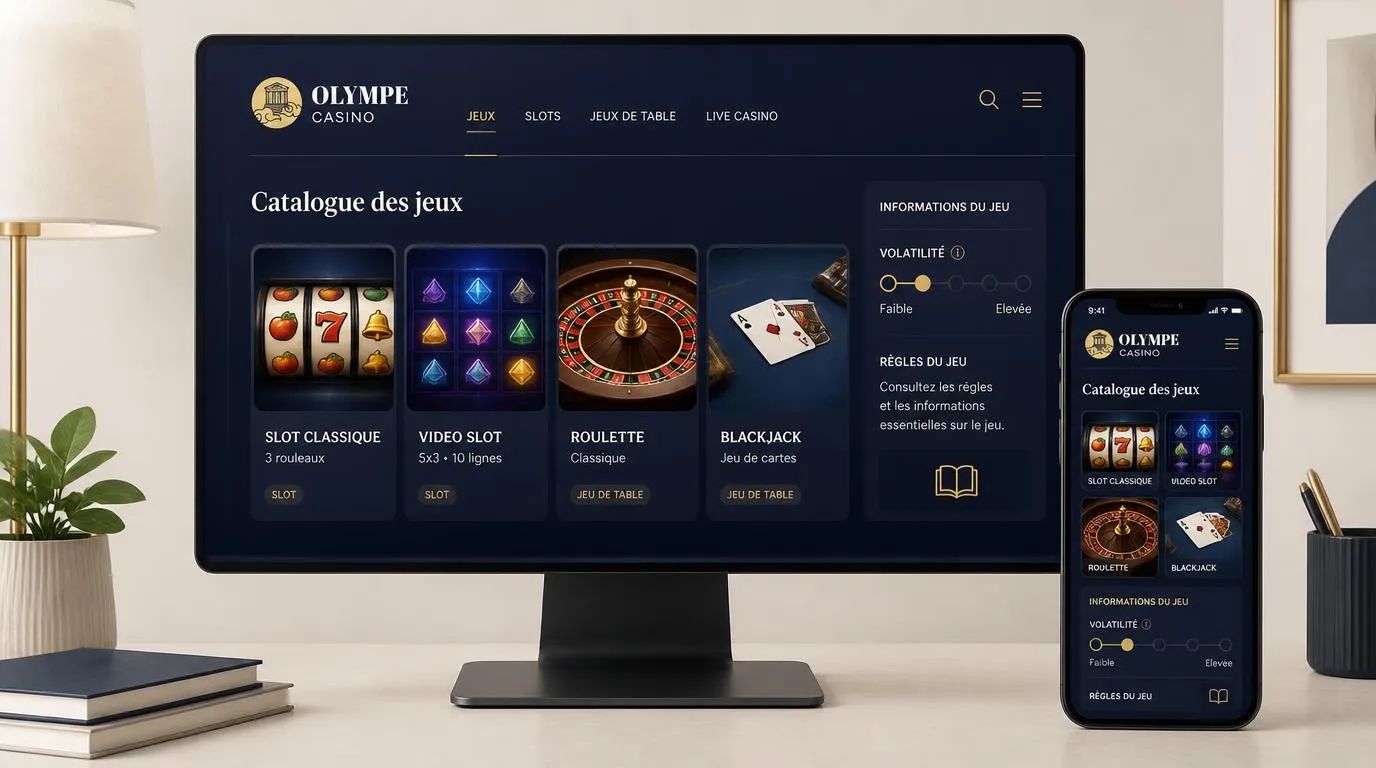 Catalogue de casino sur ordinateur et mobile avec machines à sous, roulette et blackjack
