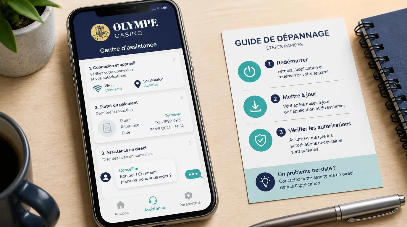 Téléphone affichant des réglages de connexion, une vérification de paiement et un accès au chat d’assistance