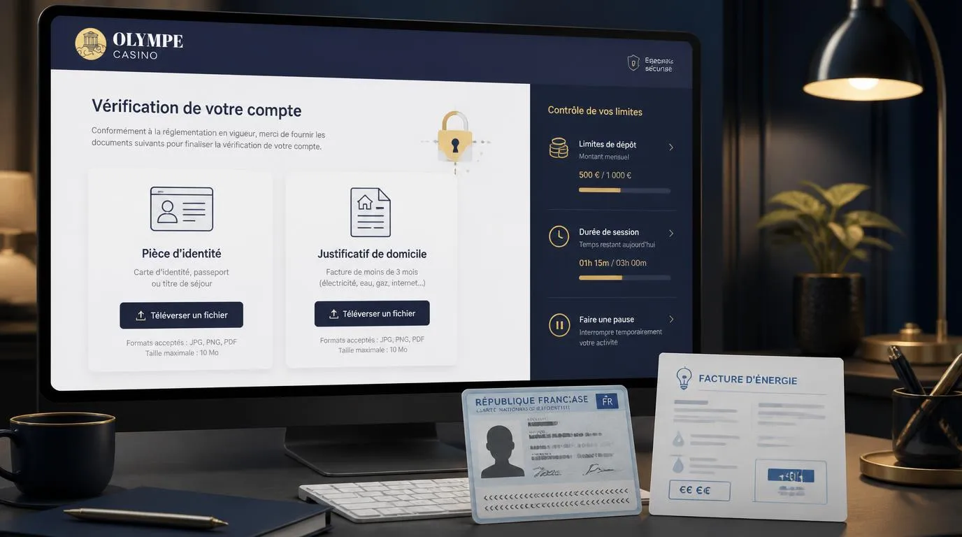 Interface de vérification du compte avec deux zones de dépôt pour une pièce d’identité et un justificatif de domicile