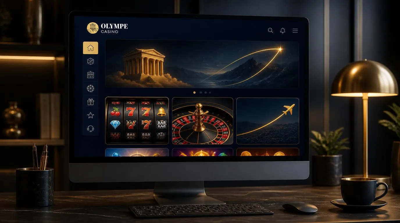 Interface de casino sur ordinateur, avec un catalogue de jeux organisé dans un espace élégant