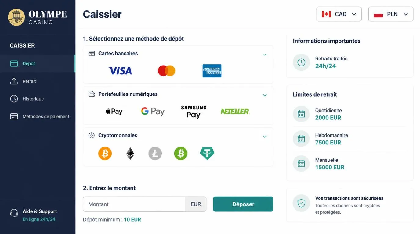 Interface de caisse avec cartes, portefeuilles numériques, choix CAD et PLN et plafonds de retrait en euros