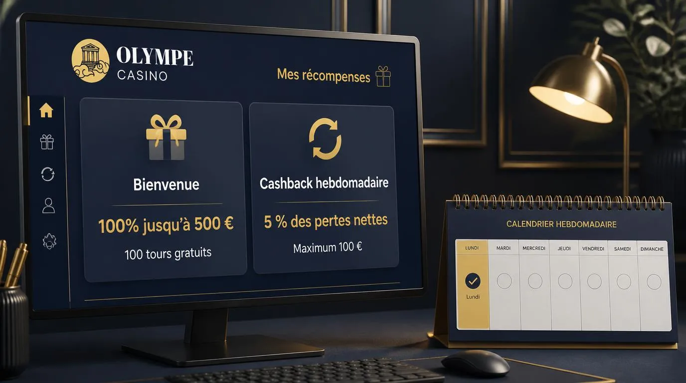 Tableau de récompenses avec bonus de bienvenue, cashback de 5 % plafonné à 100 € et calendrier du lundi