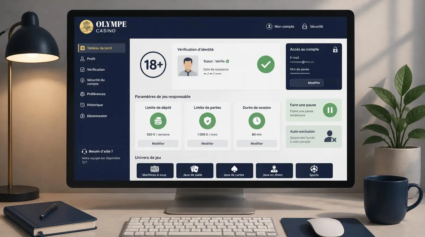 Interface de compte avec vérification de majorité, document d'identité et réglages des limites de jeu